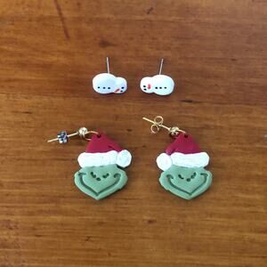Christmas Earrings Lot Grinch Santa Face & Snowman Studs Holiday Jewelry Set